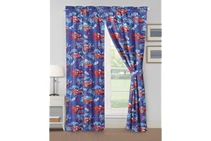 WPM WORLD PRODUCTS MART Red Blue Race Cars Print Curtain for Boys Girls Bedroom 4 Piece Racetrack Theme Curtain for Kids Bedroom Set with Panel and tiebacks Design (Red Race Cars)