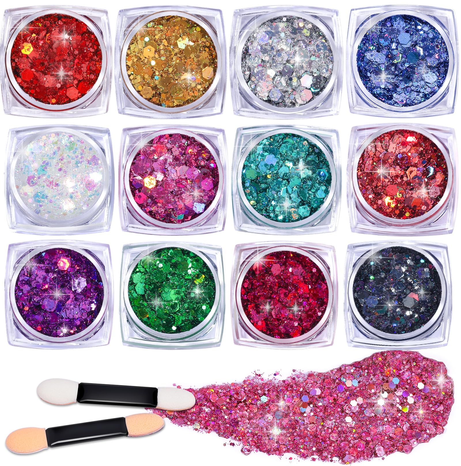 LEOBRO 12Pcs Chunky Body Glitter Gel, Festival Glitter for Face, Eye, Body, Hair, Sequins for Makeup, 3MM/2MM/1MM/0.2MM