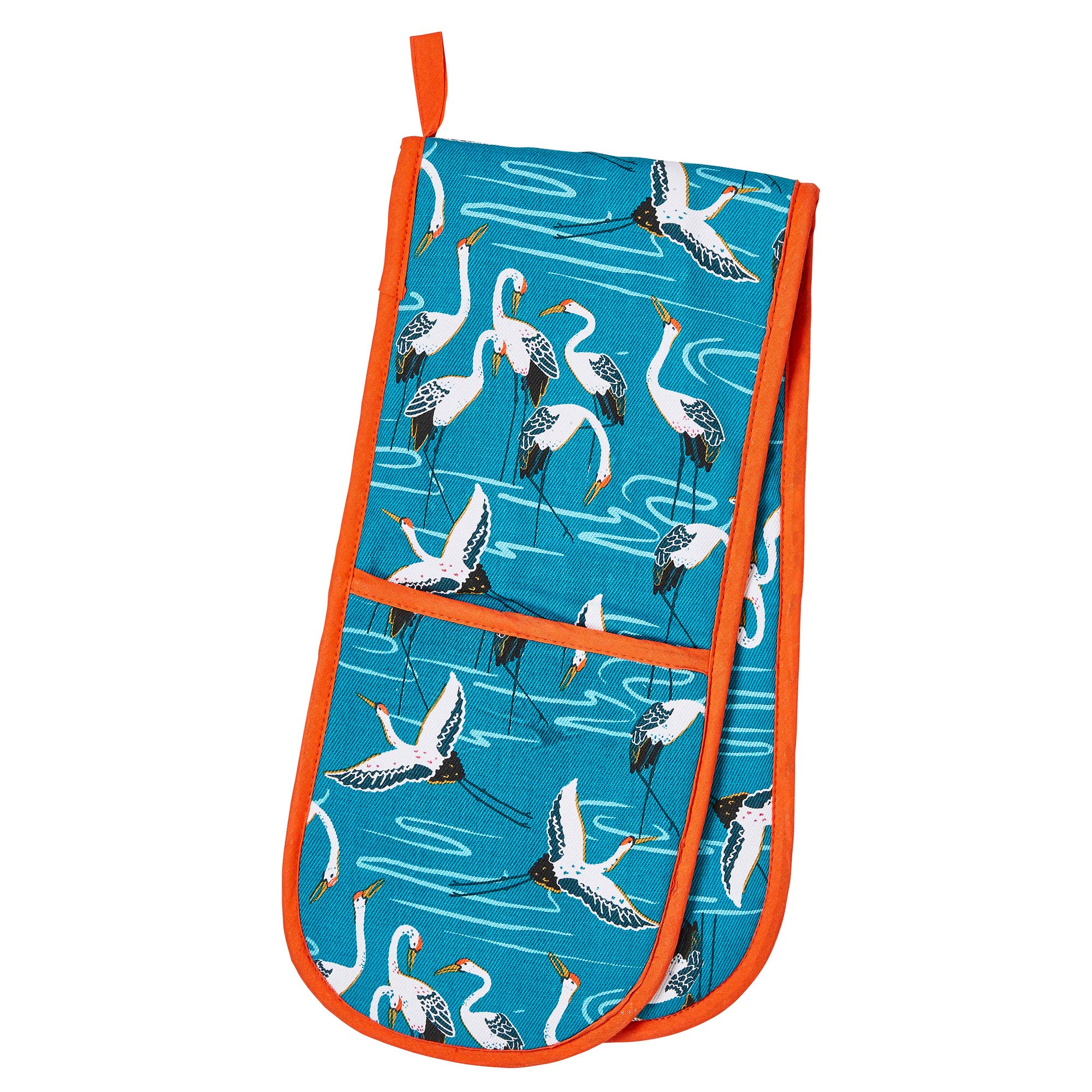 Ulster Weavers - Oriental Crane Double Oven Gloves (88 x 18cm) - 100% Cotton - Crane Oven Gloves Heat Resistant - Washable - Oriental Themed Oven Gloves in Blue - Crane Gifts - Kitchen Accessories