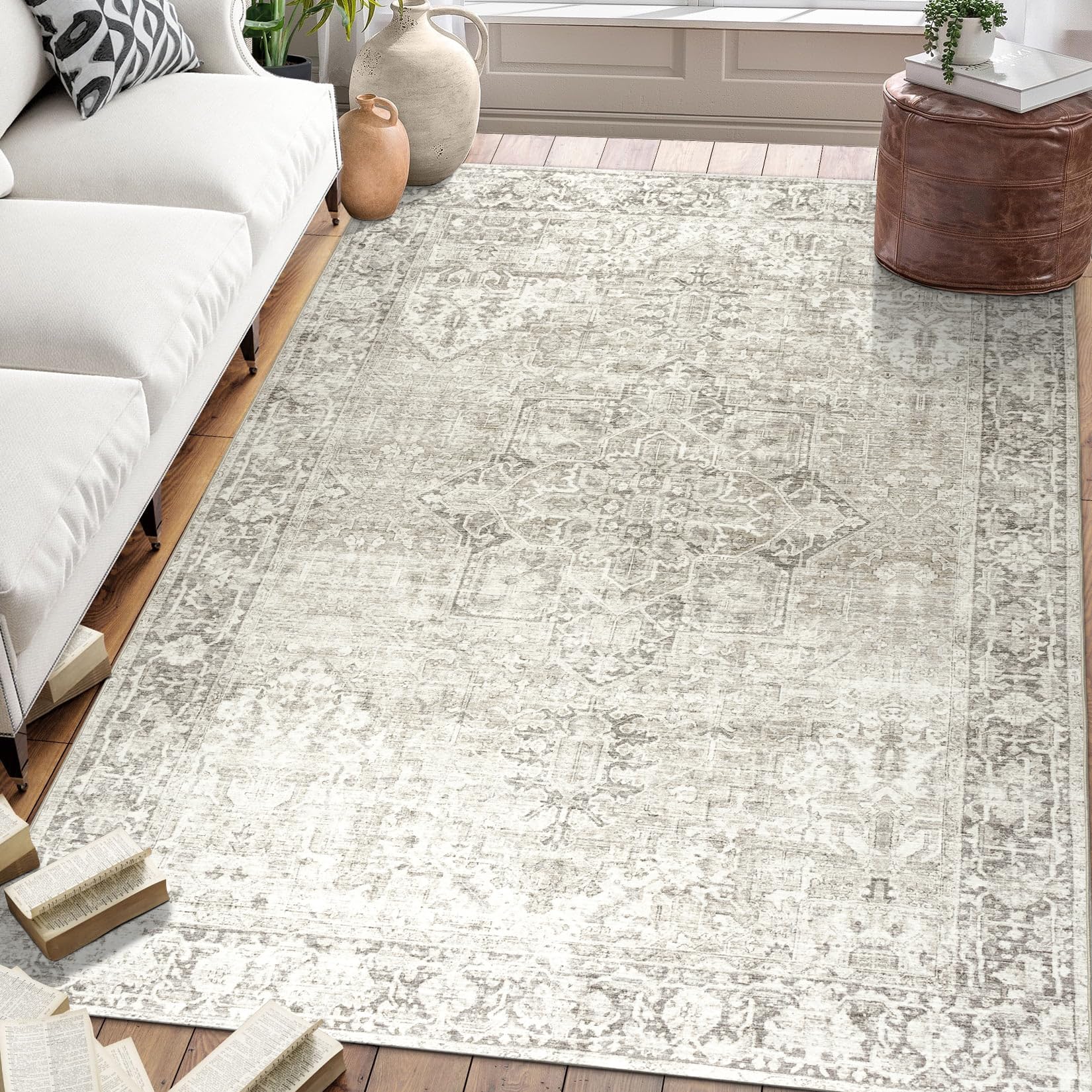 Photo 1 of ReaLife Rugs Machine Washable Area Rug - Living Room Bedroom Bathroom Kitchen Entryway Office - Padded Low Pile Stain Resistant Premium - Boho Farmhouse Vintage - Lyle - Beige Ivory 7'6" x 9'6"