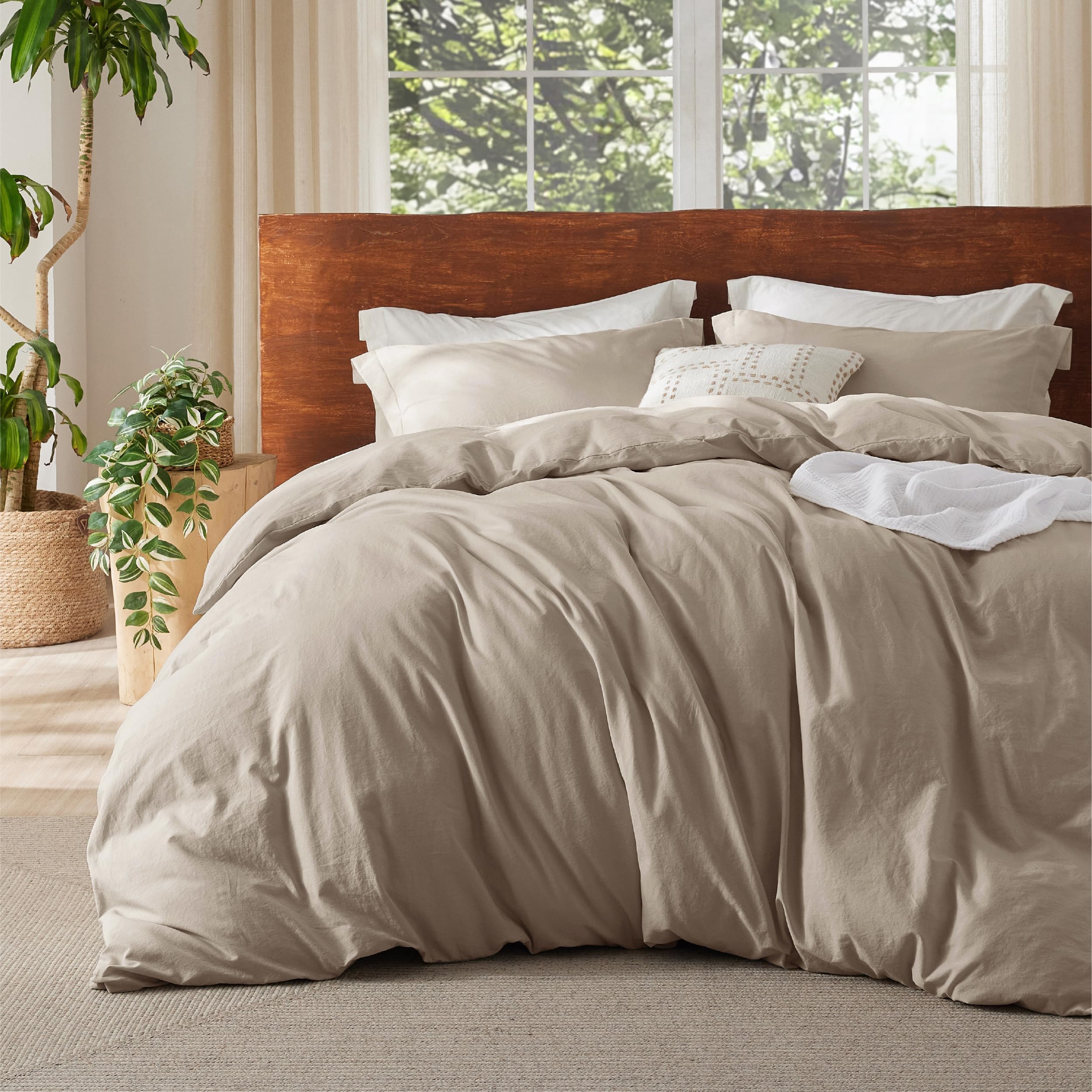 Photo 1 of Bedsure 100% Washed Cotton Duvet Cover King Size - Frosted Almond Minimalist Cotton Duvet Cover Linen Like for All Seasons - GentleSoft™ Plain Simple Bedding, 3 Pieces (Frosted Almond, King, 104"x90")