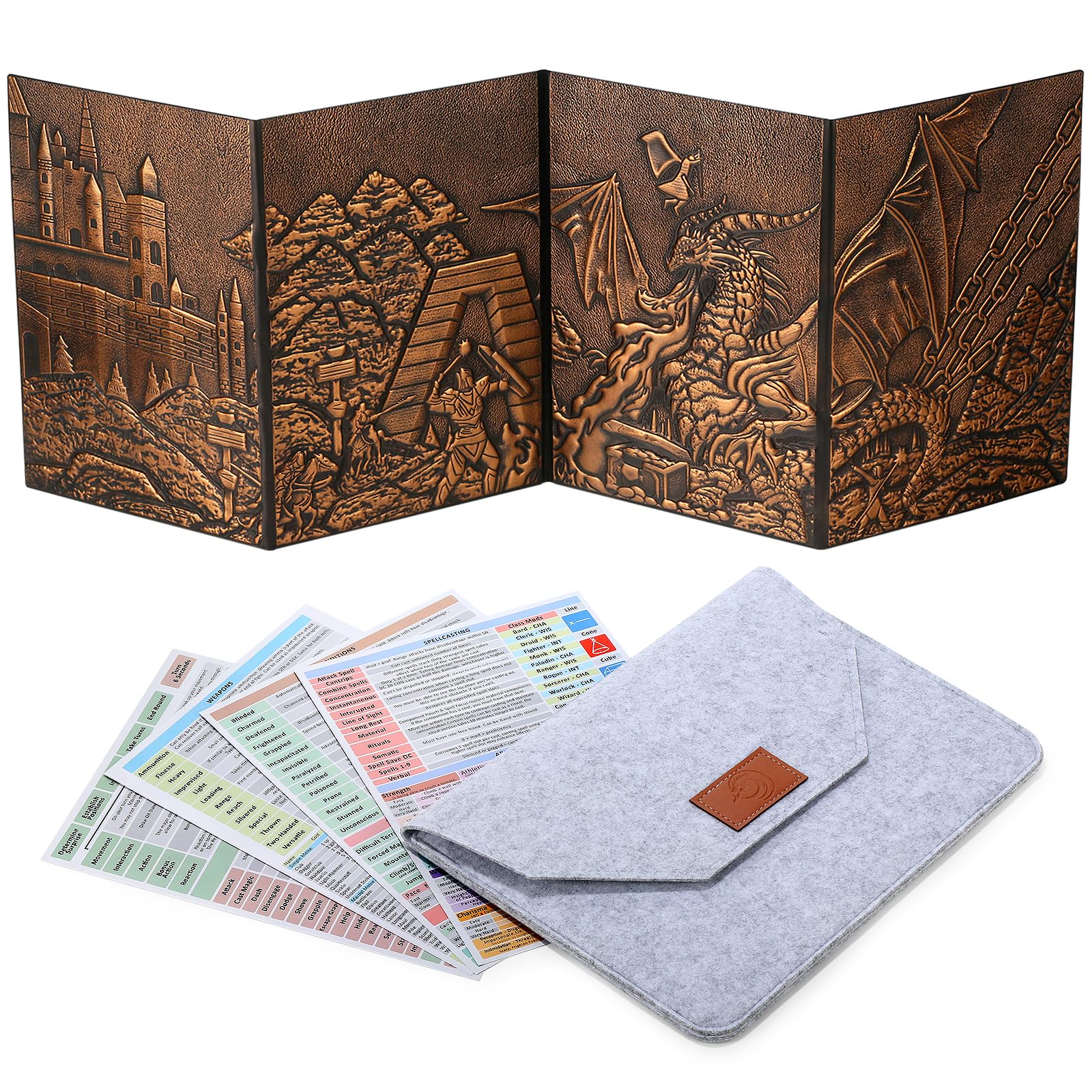 DM Screen 3D Faux-Leather Embossed Dragon with Four-Panel Pockets, DND Master Screen with Gorgeous Gift Flet Case for D&D Dungeons and Dragon Tabletop Game (Copper)