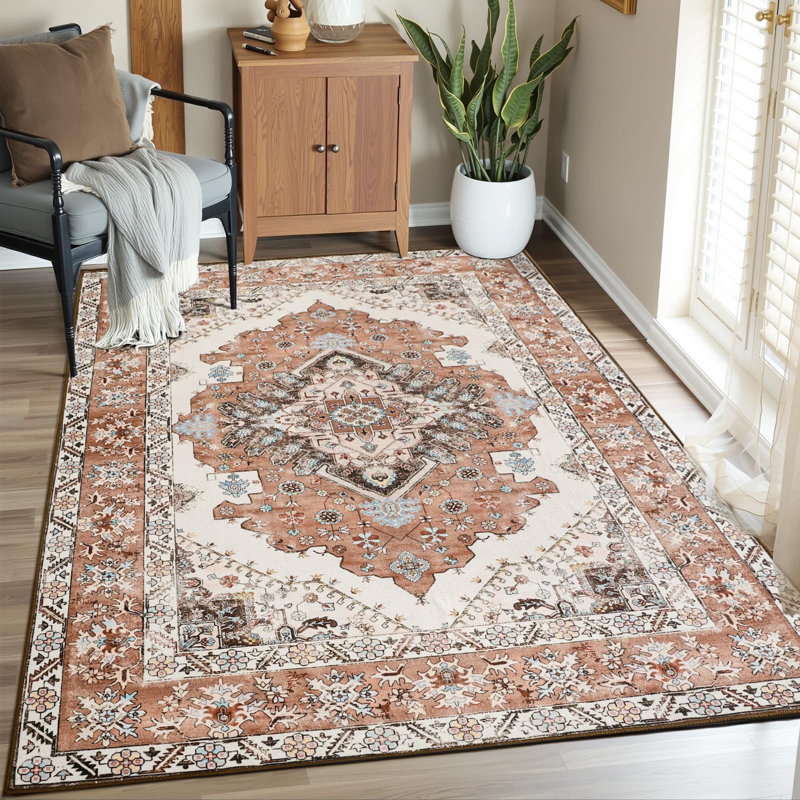 Photo 1 of CRYPTOLITE Vintage Area Rug 5x8 Rugs, Machine Washable Vintage Area Rug Non-Slip Low Pile Large Rug for Living Room, Bedroom, Farmhouse, Dining Room, Orange