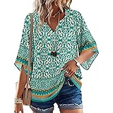 LOMON Women's 3/4 Length Sleeve Boho Tops V Neck Casual Vacation Clothes Loose Fit Tunic Shirts S-3XL