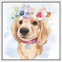 SIGNWIN Framed Canvas Wall Art Nursery Golden Retriever Dog with Pink, Blue Flowers Animals Wildlife Watercolor Impressionism Modern Portrait Fun for Living Room, Bedroom, Office - 16