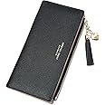 Fannos Women's Slim Wallet, Black Leather, Lightweight, Minimalist Design, 12 Credit Card Slots, ID Window, 3 Large Cash Compartments, Zipper Pocket for Coins