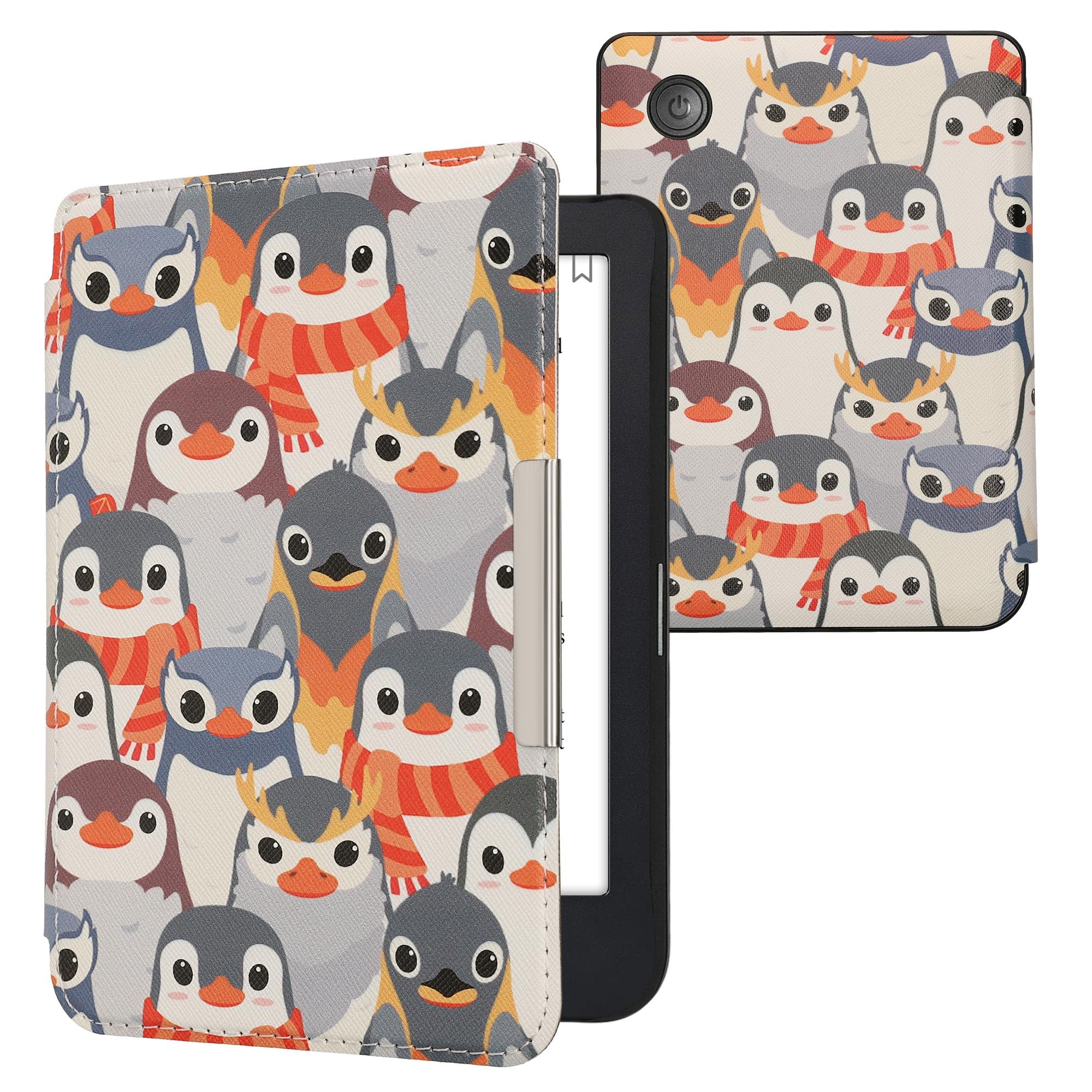 kwmobile Cover for Kobo Clara 2E / Tolino Shine 4 Case - eReader Cover with auto sleep funktion - Penguins with Grey/Yellow/Brown