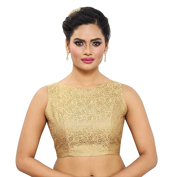 WOMEN's BROCADE READYMADE SLEEVELESS SAREE BLOUSE with BOAT NECK