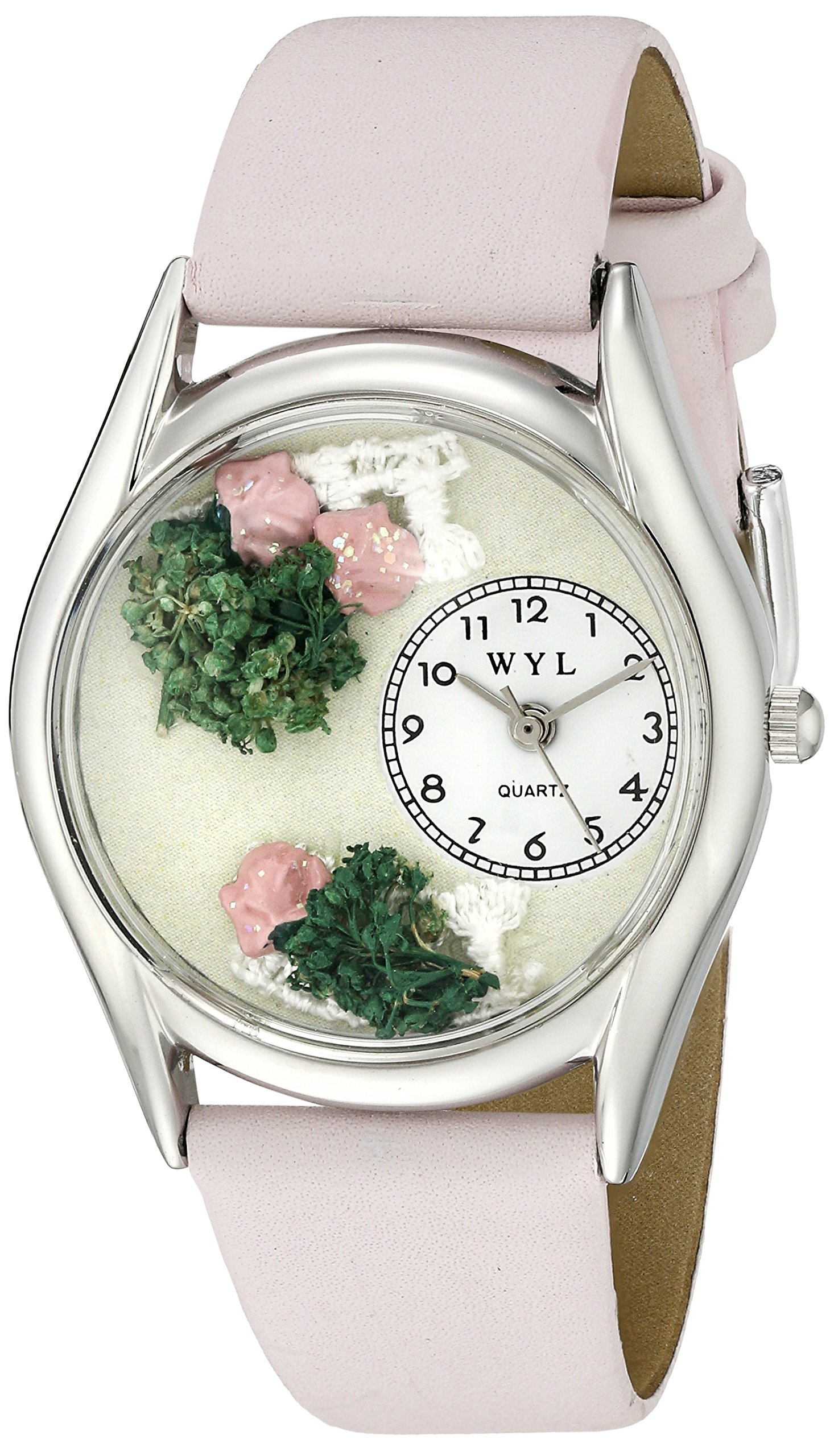 Whimsical Watches Roses Pink Leather and Silvertone Unisex Quartz Watch with White Dial Analogue Display and Multicolour Leather Strap S-1210005