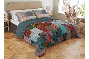 Marubhumi Handmade Cotton Quilts Kantha Blanket Indian Silk Sari Patchwork Quilts (Grey, Queen 90"x 108" with Pillow Cover)