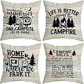HUYAW Camper Camping Rules Decorative Throw Pillow Covers, Camping Camper Gifts for Men Women, Camper Vintage Wood Pillow Cases 18 x 18 Inch Home RV Bed Sofa Decor Set of 4