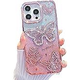 iFiLOVE for iPhone 14 Plus/15 Plus Bling Butterfly Case, Cute Luxury Sparkle Glitter Diamond Crystal Rhinestone Protective Case Cover for Girls Women Kids (Pink)