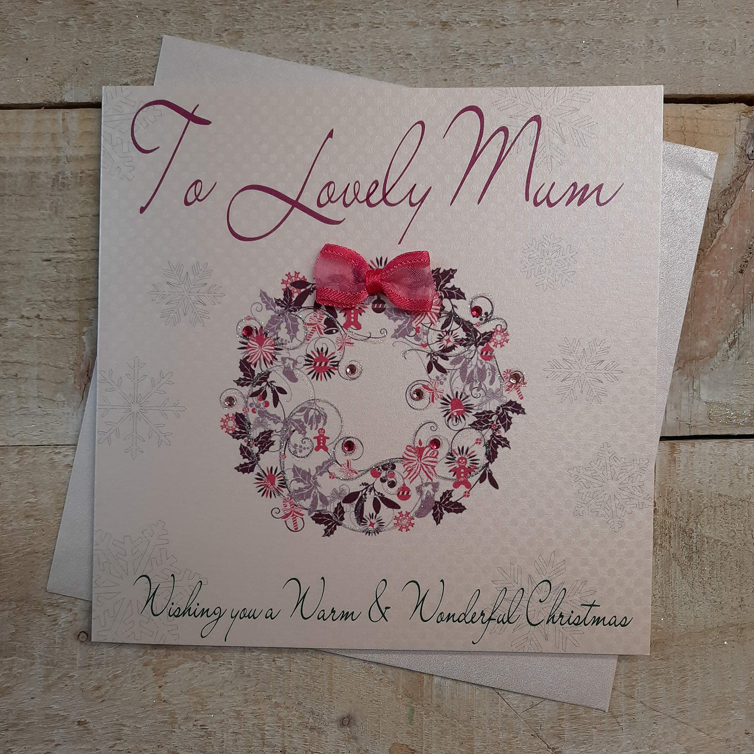 WHITE COTTON CARDS To Lovely Mum Handmade Christmas Card (Pink Wreath, CB11)