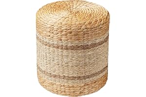 PrimeZone Patio Pouf Ottoman 14" D x 14" W x 16" H, Hand Woven Natural Seagrass Rattan Indoor Outdoor Footstool, Round Boho Poufs Footrest Floor Chair Seat for Living Room, Bedroom, Porch, Stripe