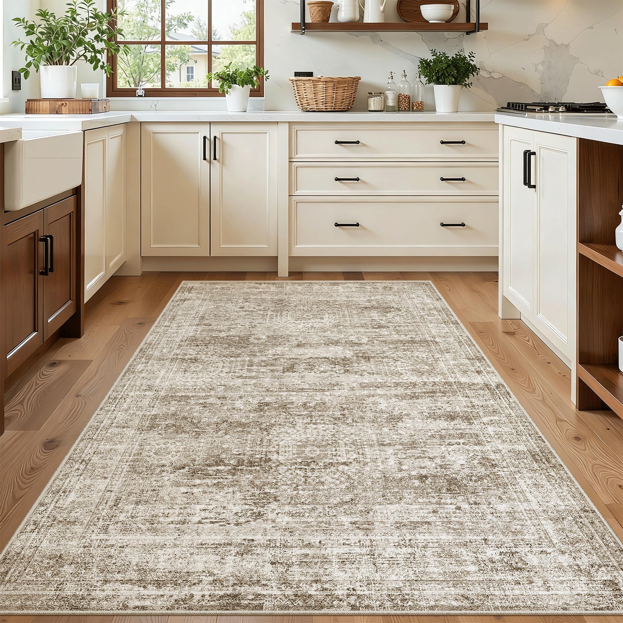 Photo 1 of Soalmost Area Rugs 4x6 for Living Room, Vintage Washable Rugs for Dining Room, Kitchen, Non-Slip Area Rug Brown