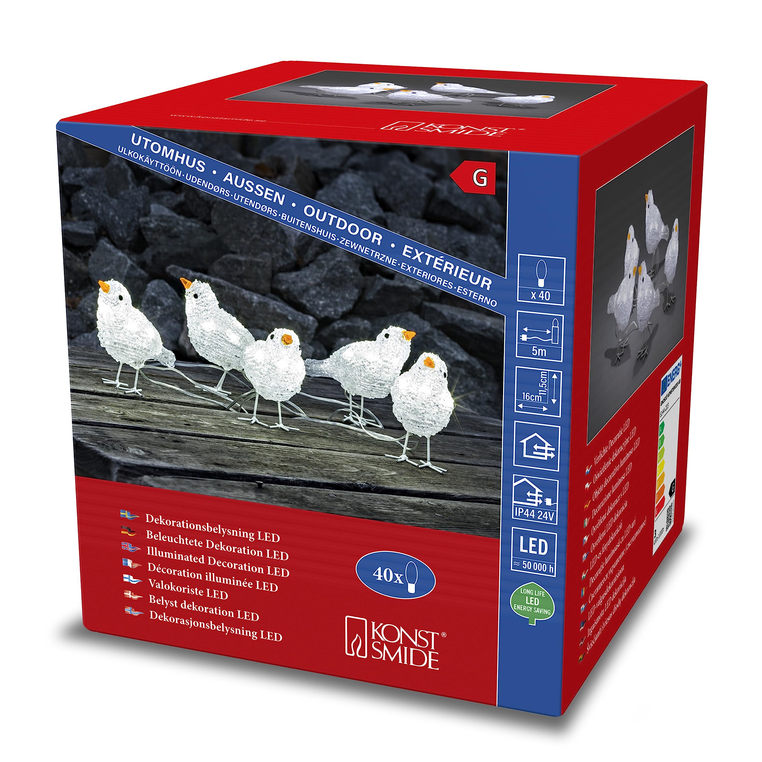 Konstsmide Outside Lights LED Acrylic Decoration Five Birds/Outdoor Lighting (IP44) / 40 Ice White LEDs/Transparent Cable [Energy Class A]