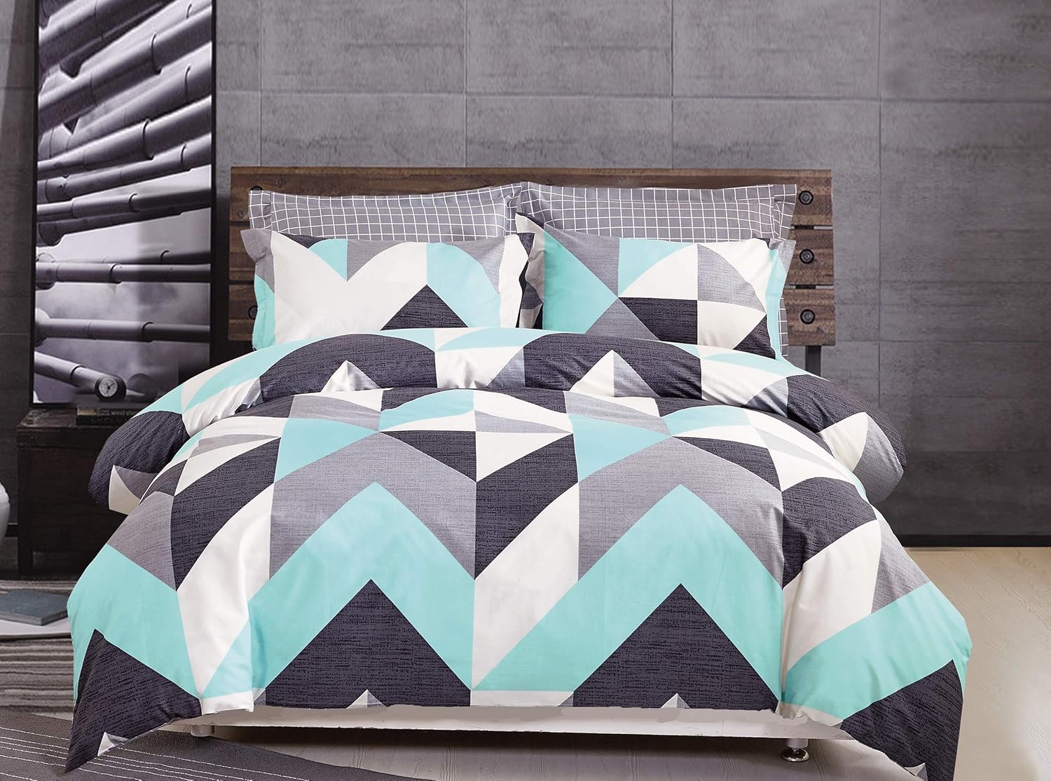 FADFAY Geometric Duvet Cover Set Full Colorful Blue-Green Gray White Black Duvet Cover Set 100% Cotton Super Soft Hypoallergenic with Hidden Zipper Closure 3 Pieces Full Size