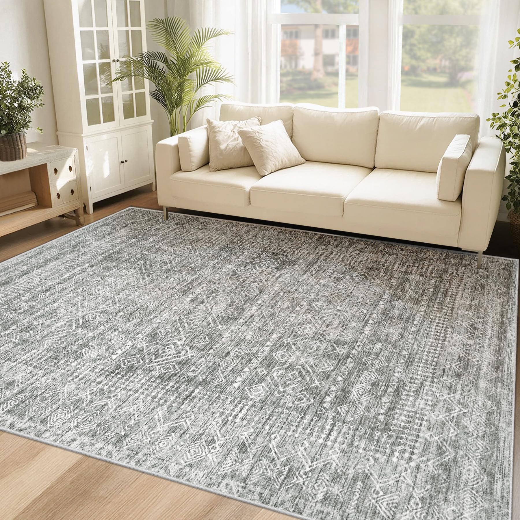 Photo 1 of 6x9 Area Rugs for Living Room: Washable Moroccan Geometric Boho Rug Farmhouse Non Slip Stain Resistant Large Rug Low Pile Soft Carpet for Bedroom Dining Room Home Office Children Room (Grey,6'x9')