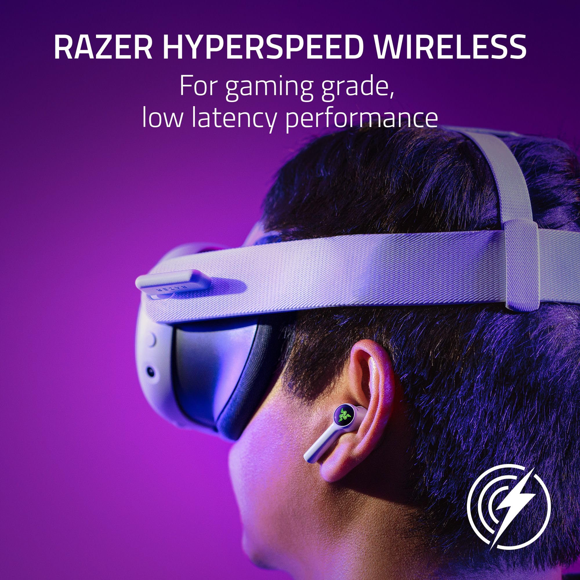 Razer Hammerhead HyperSpeed Wireless Gaming Earbuds for VR: Meta Quest 2 & 3 Authorized - 2.4Ghz Wireless via USB-C - Bluetooth 5.2 - Multi-Platform - ANC - 30 Hr Battery - Comfortable Fit - White