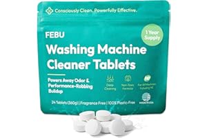 FEBU Washing Machine Cleaner Tablets Made in USA | Washer Machine Cleaner & Deodorizer | Removes Gunk & Grime | 7 Natural, Biodegradable, Plant-Based Ingredients | 24 Tablets - 12 Month Supply