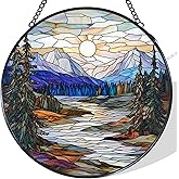 WUHSDIBC Sunrise Mountain Landscape Stained Glass Window Hanging Suncatcher, Nature Mountain Lake Sun Catcher Indoor Window Decor, Rustic Painted Glass Round Wall Hanging Decorations, 7.8x7.8 in