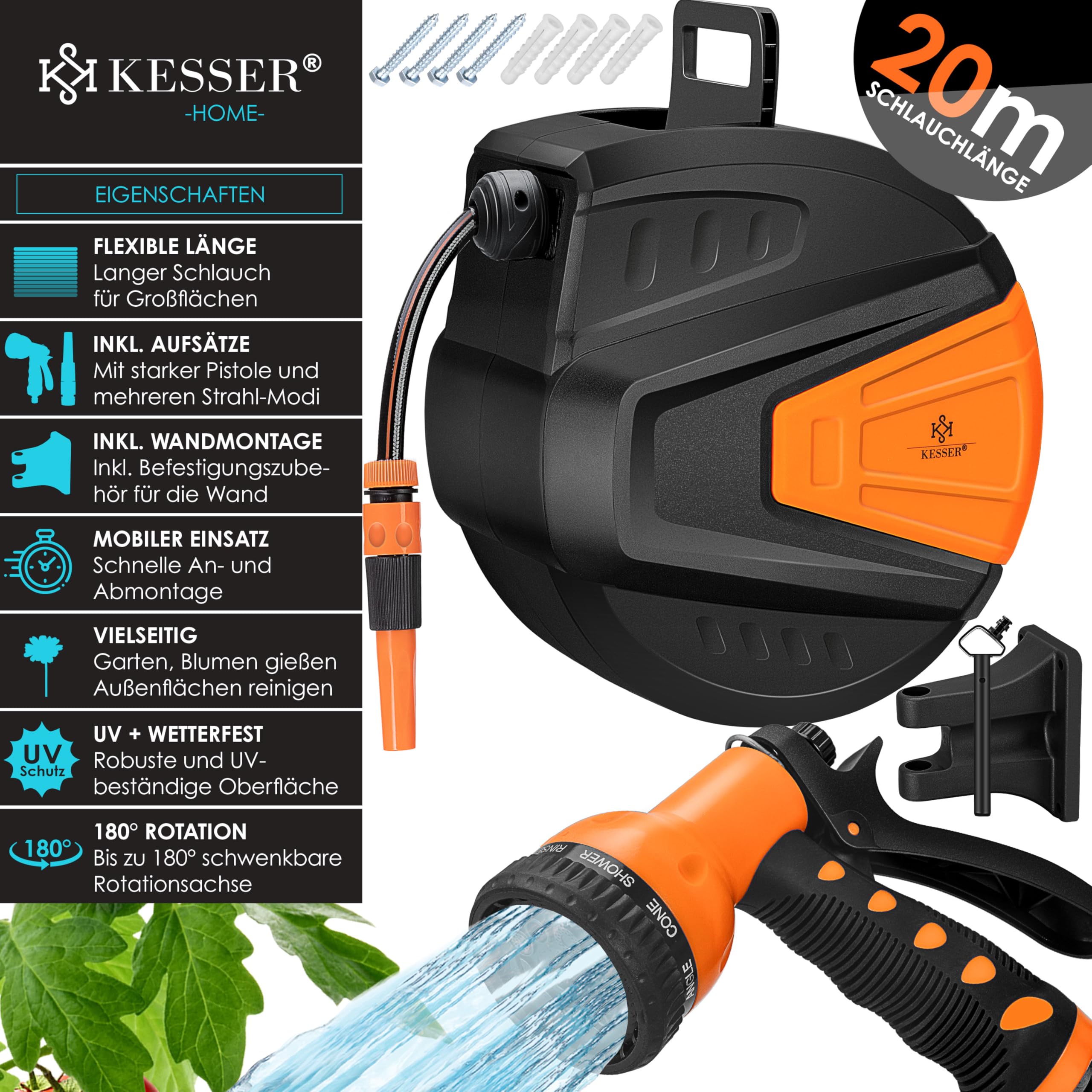 KESSER® automatische Schlauchtrommel 20 m + 2 m, Wand Schlauchbox mit Aufrollautomatik, Schlauchaufroller mit Gartenschlauch, 180° schwenkbar + Multi Handbrause mit 9 Modi, inkl. 2 Aufsätze, Orange 2
