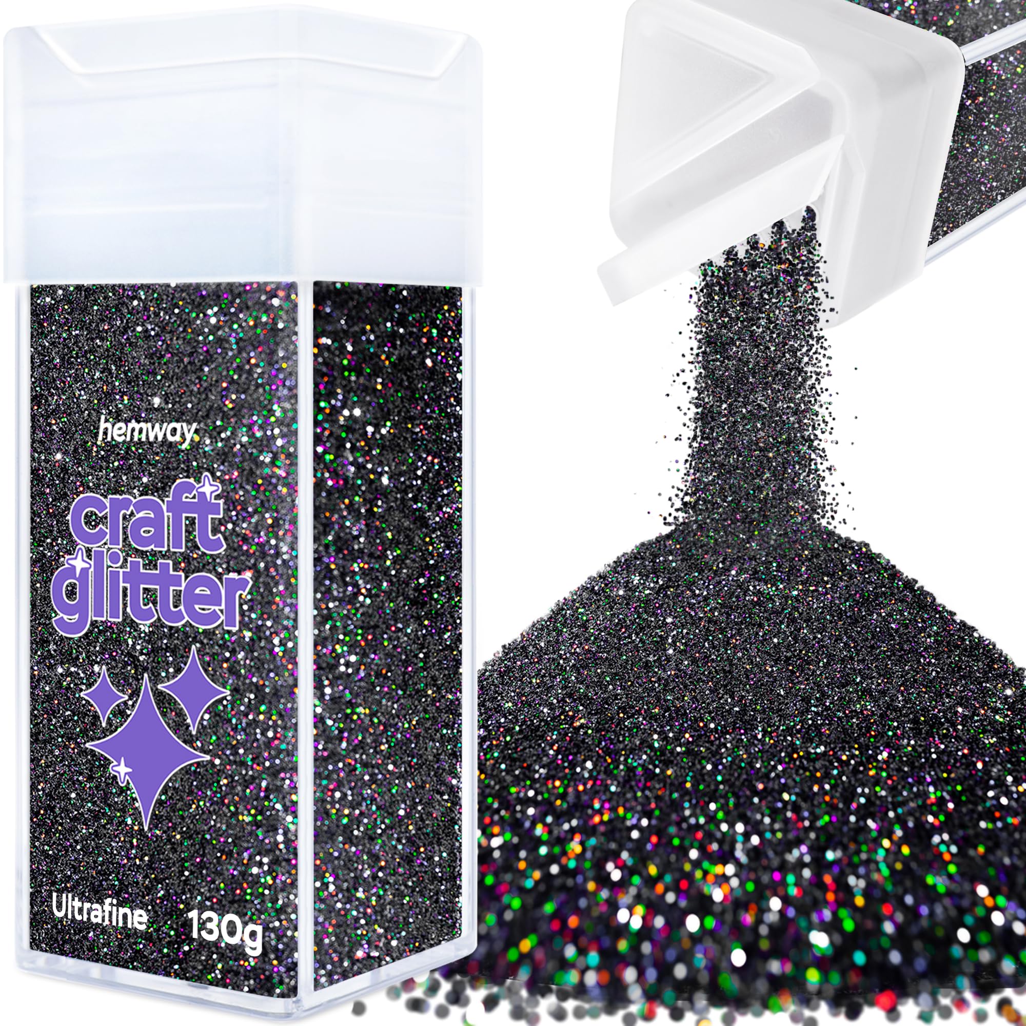 Hemway Glitter Shaker Black Holographic 110g Ultrafine, Craft Glitter Shaker for Resin & Epoxy Crafts, Christmas Art Supplies, Nail, Body, Face, Eye, Festival, Crafting, Slime, Sparkle