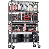 IZEUK 5-Tier Adjustable Heavy Duty Steel Wire Shelving Unit with Wheels, Storage Rack Organizer for Garage, Kitchen, Office, Laundry, Basement (Black, 17.7" D x 47.2" W x 76.7" H, 1750 lbs Capacity)