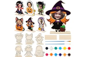 CJiangpo 24 Sets Halloween Picture Frame Craft Kits for Kids, Color Your Own DIY Wooden Photo Frame Ghost Pumpkin Wood Painting Craft for Halloween Classroom Home Activities Spooky Decor Party Favor