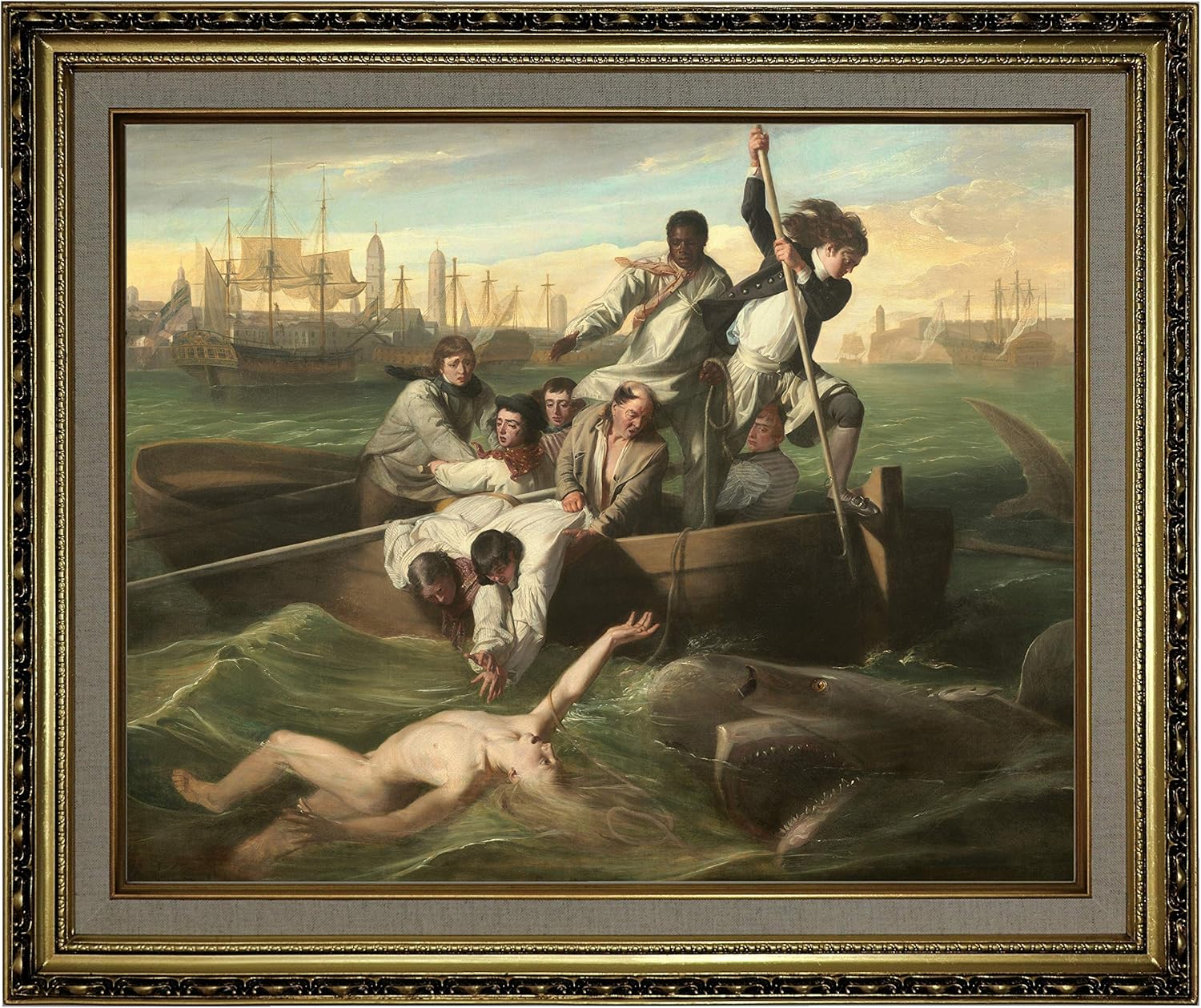 Historic Art Gallery Watson and The Shark 1778 by John Singleton Copley Framed Canvas Print, Size 16x20, Gold