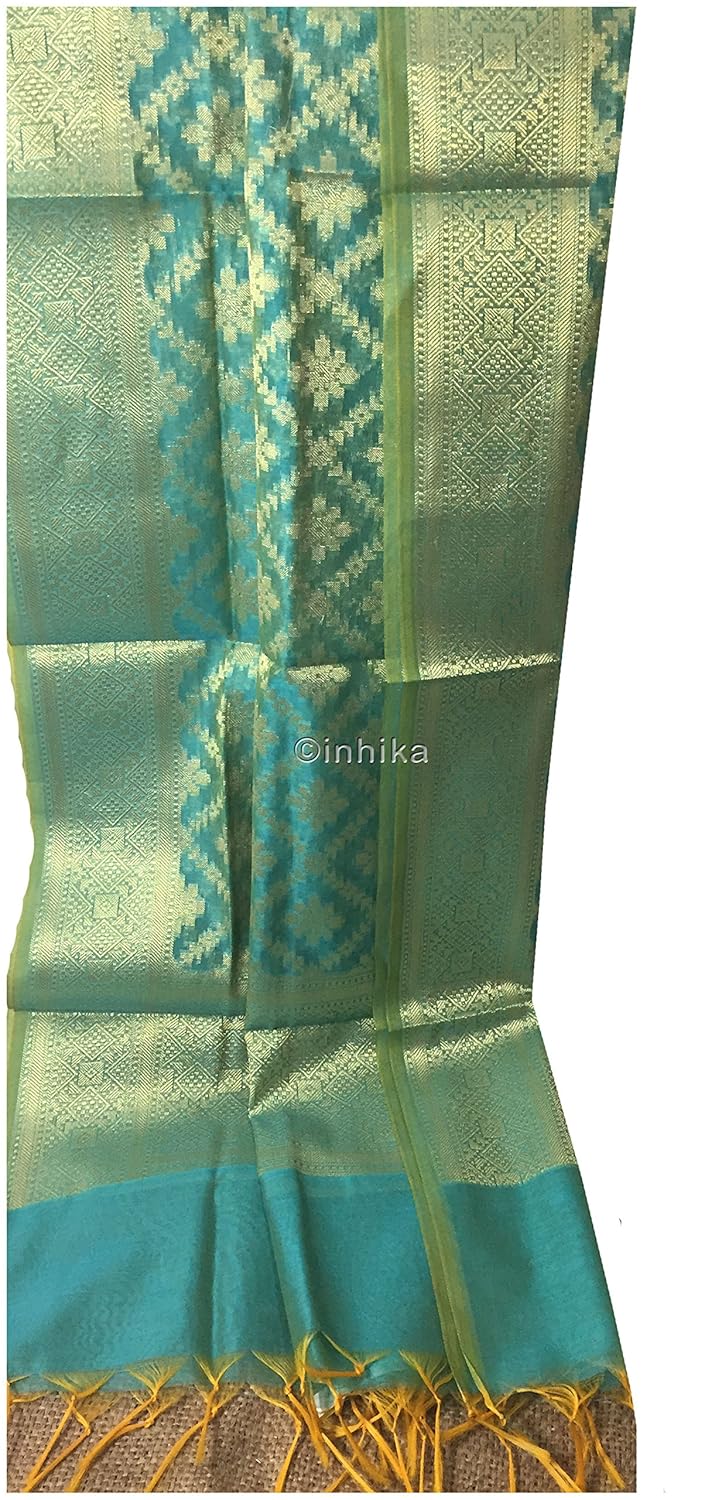 two tone banarasi silk women handloom dupatta stole gold blue peach pink yellow