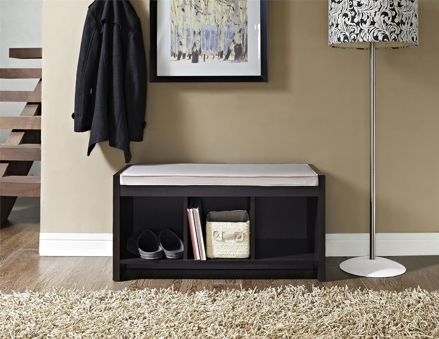 Ameriwood Home Penelope Entryway Storage Bench with Cushion, Espresso: Furniture & Decor