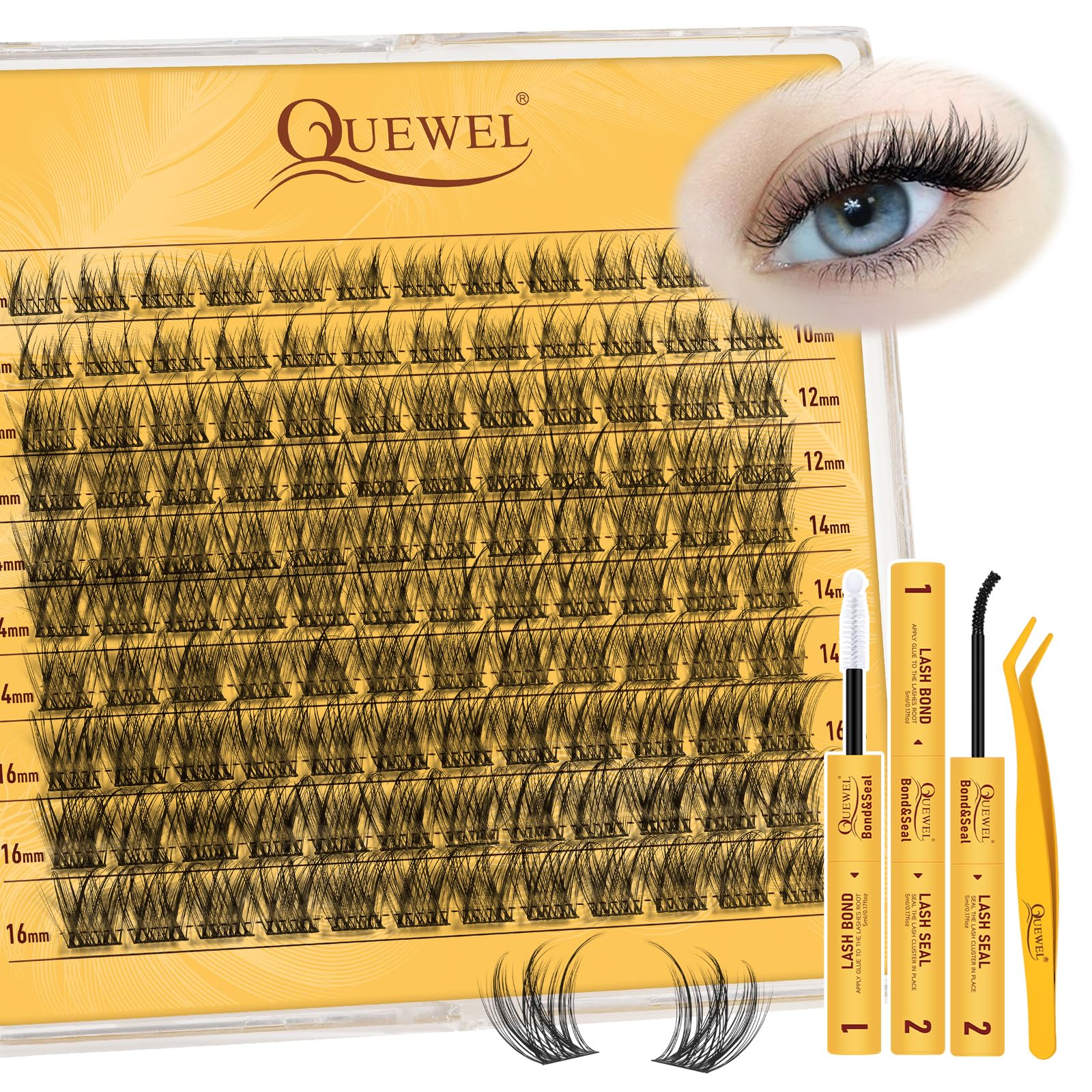QUEWEL Cluster-Lashes Natural Look, D Curl Reusable Eyelash Extension Kit, 120 Pcs Super Thin Band Eyelash Clusters Kit with Lash Bond and Seal Waterproof and Lash Tweezer(Feather 01-kit） — image 1
