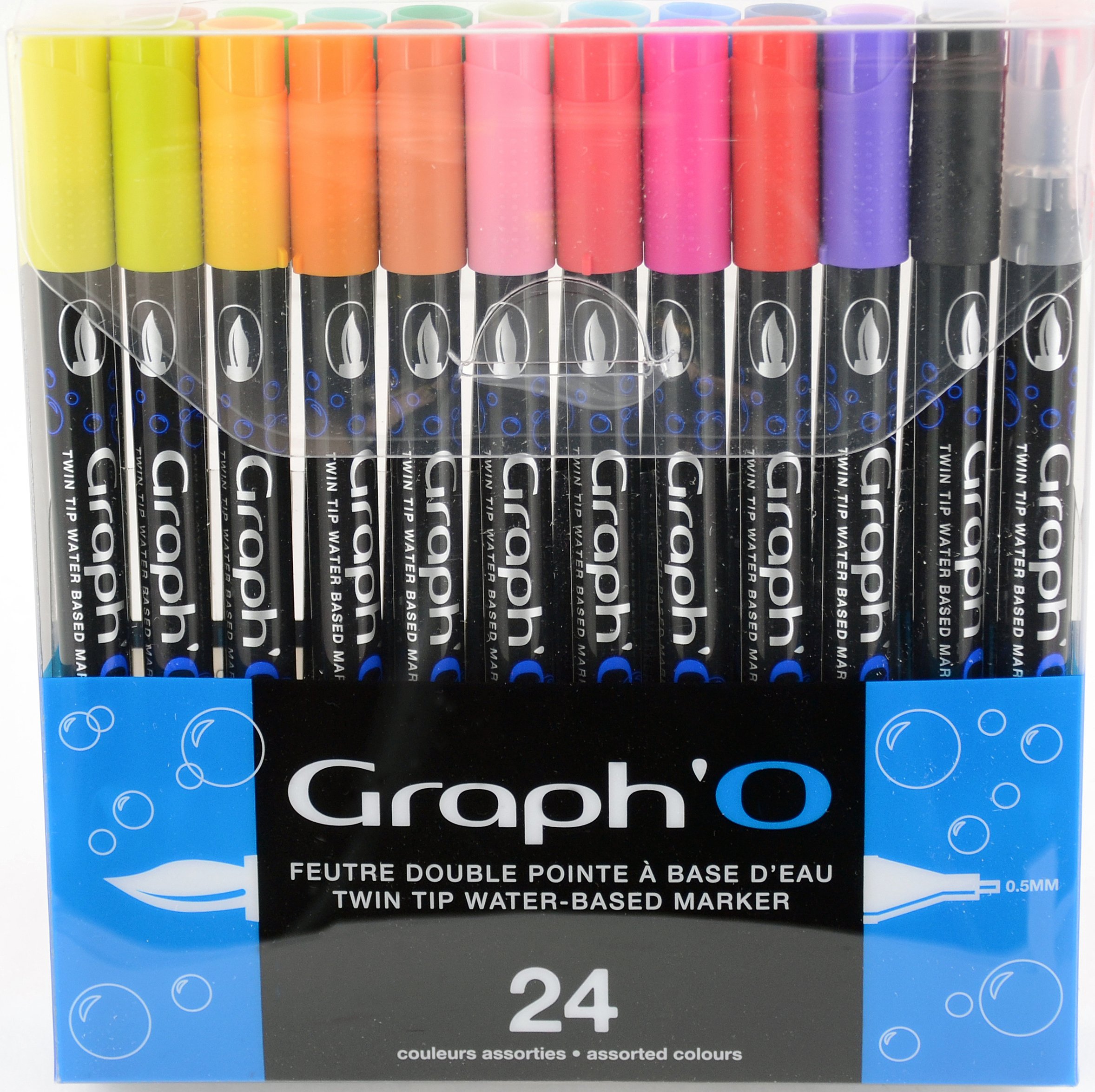 GRAPH'O Set of 24 Double-Tip Pens for Drawing, Illustration and Watercolour Extra Fine 0.5 mm Tip and Soft Brush Tip