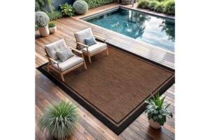 CAMILSON Indoor Outdoor Rug, 9x12 Bordered Nut Brown Black Modern Area Rugs for Indoor and Outdoor Patios, Kitchen and Hallway Mats, Washable Porch Deck Outside Carpet (Border Nut Brown Black, 9 x 12)
