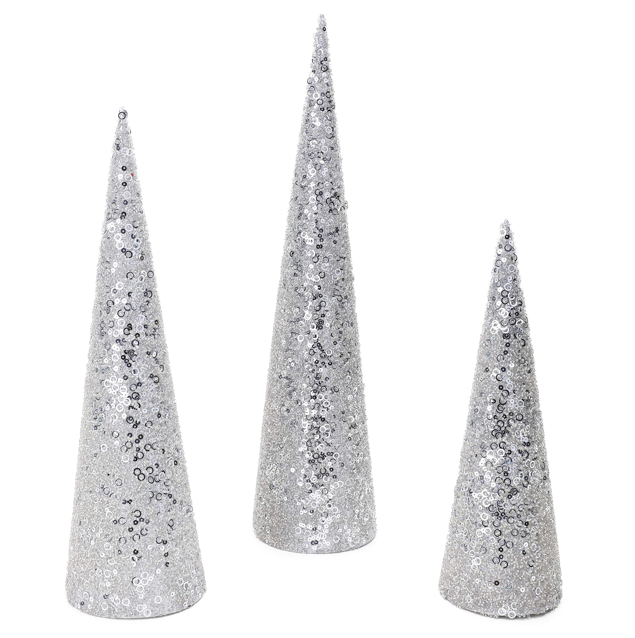 Christmas Concepts® Set of 3 PVC Christmas Cone Trees Decorations With Sequins And Beads (Silver)