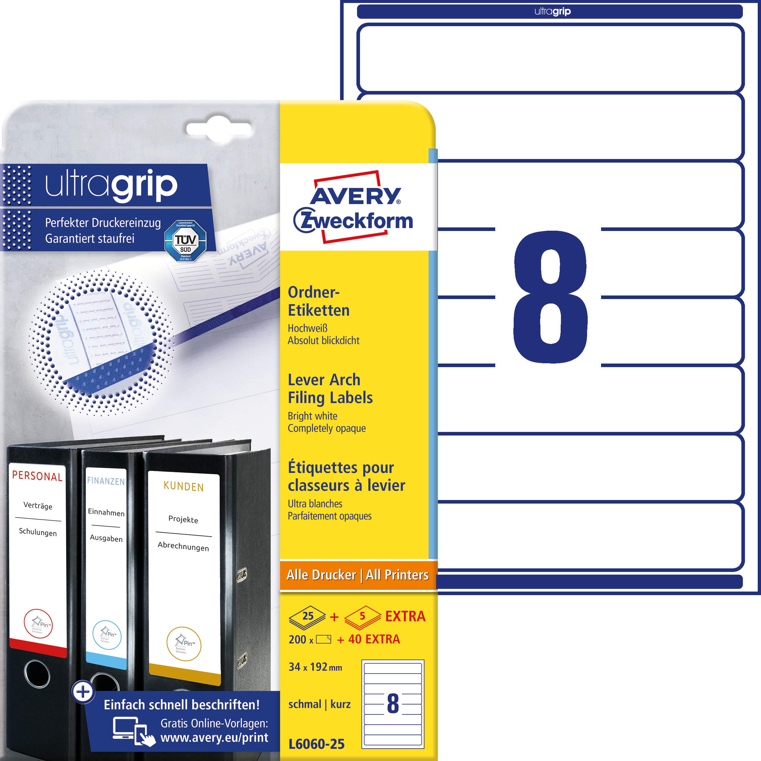 Avery Zweckform L6060-25 Folder Labels for Narrow Folders Short e.g. for Elba Biella Mehle 192 x 34 mm 25 Sheets