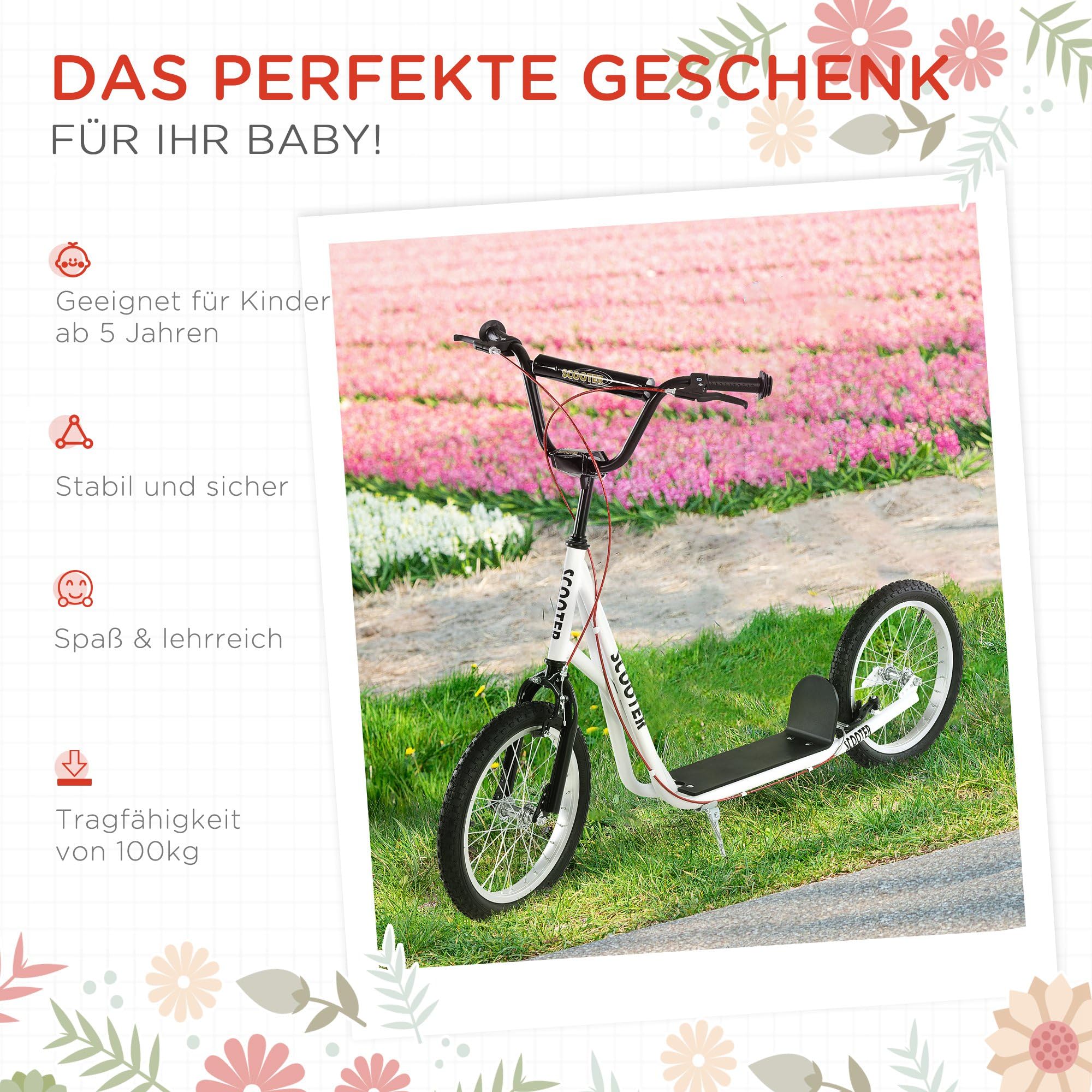 HOMCOM Scooter für Kinder Kinderroller Tretroller mit verstellbarem Lenker, großen Rädern und Handbremse Kickscooter 16 Zoll Cityroller für Jungen und Mädchen ab 5 Jahre Metall Weiß 4