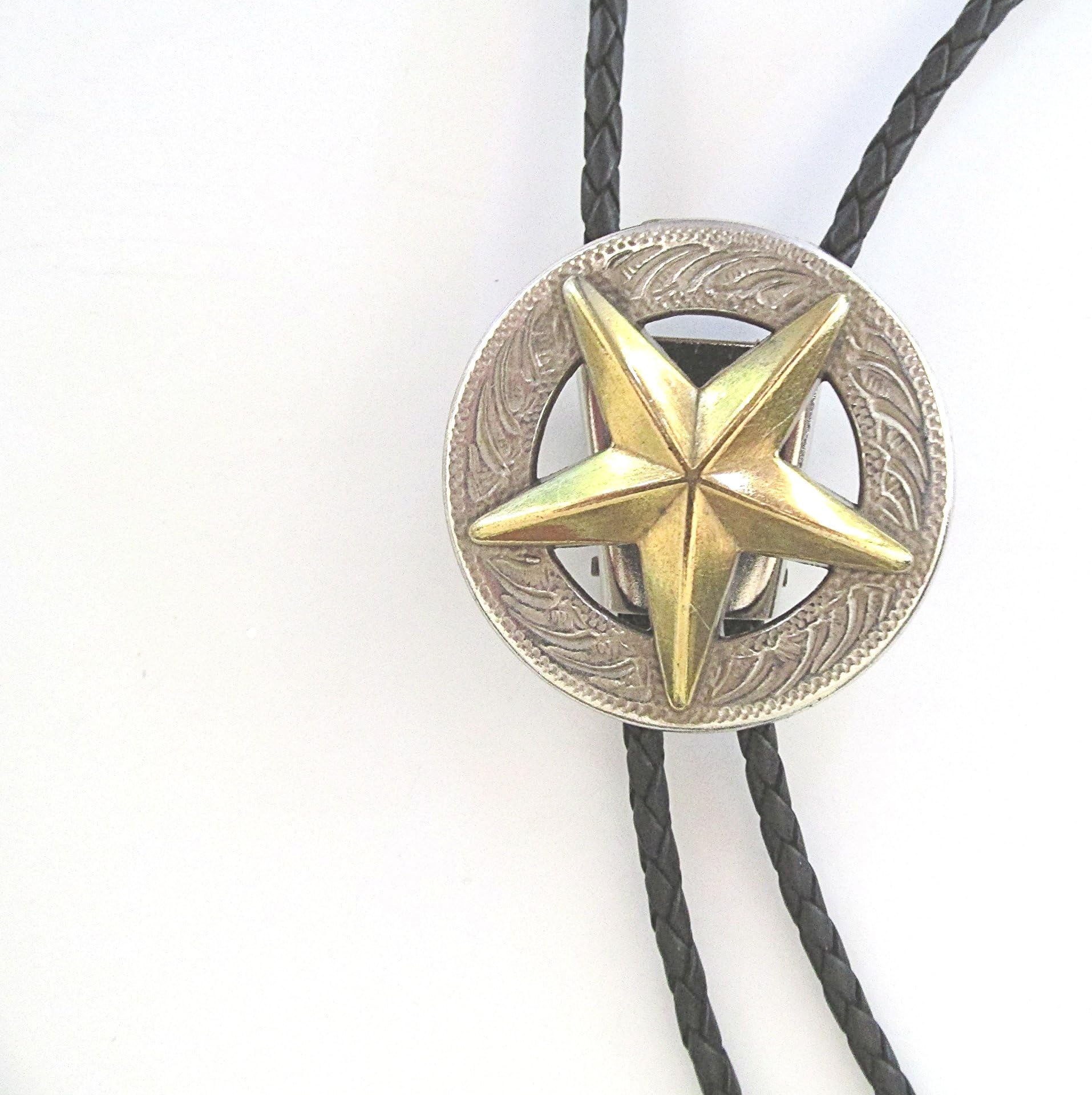 TEXAS RANGER STAR SILVER, GOLD BRAIDED BLACK LEATHER BOLO, NECKLACE