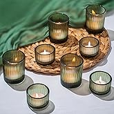 Glasseam Glass Votive Candle Holders: 8 PCS Ribbed Green Tea Lights Candle Holder Set Vintage Small Tealight Holders for Table Centerpiece Christmas Party Decor