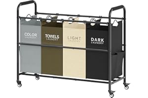 Tajsoon 4 Bag Laundry Sorter Cart, 4 Section Laundry Hamper Sorter with Heavy Duty Lockable Rolling Wheels, Laundry Separator Hamper with Removable Bags for Dirty Clothes Storage, 4 Colors