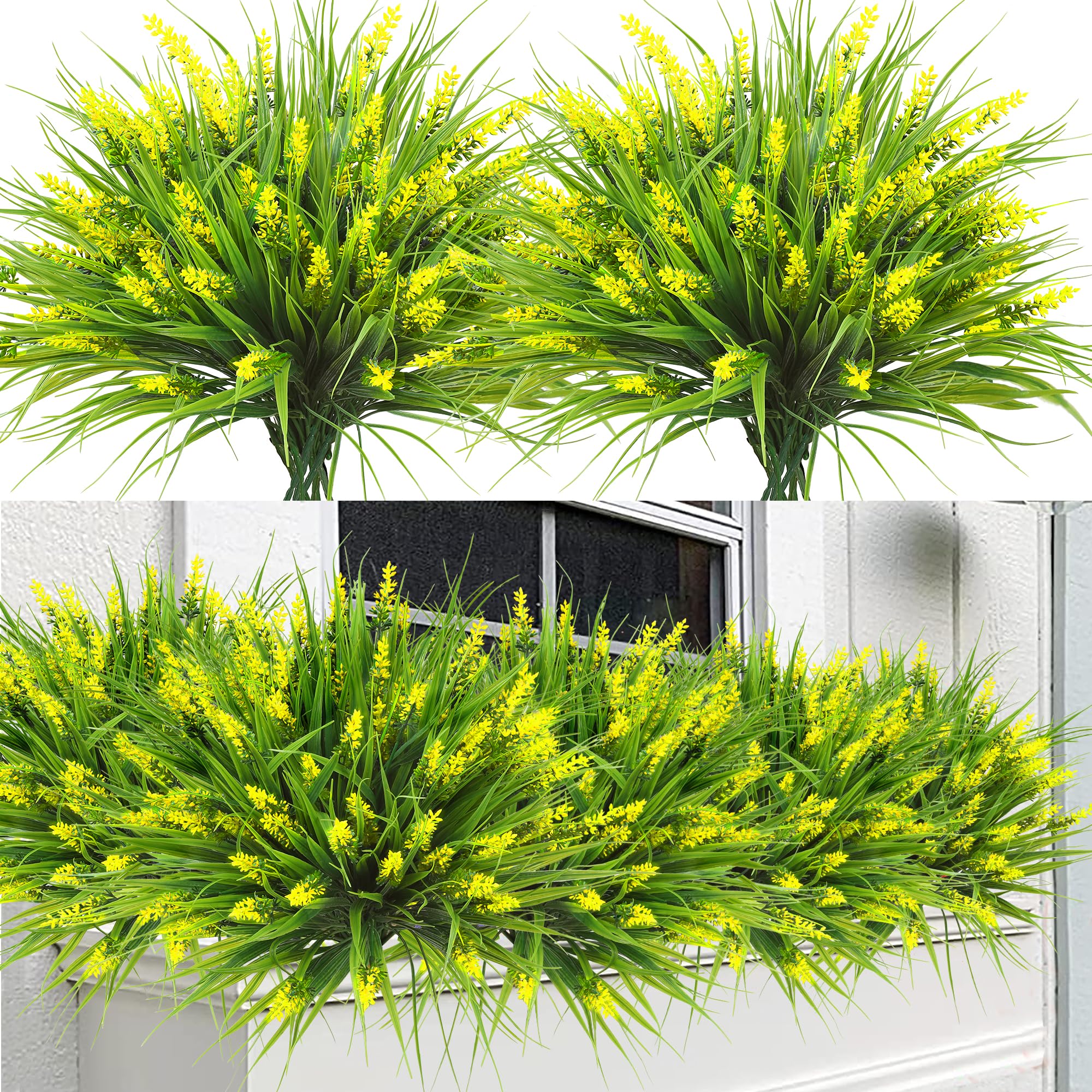 Photo 1 of Sggvecsy 12 Bundles Artificial Plants Outdoor Faux Lavender Flowers Fake Monkey Grass UV Resistant Plastic Greenery Plants for Garden Home Porch Window Patio Hanging Planter Indoor Decor (Yellow)