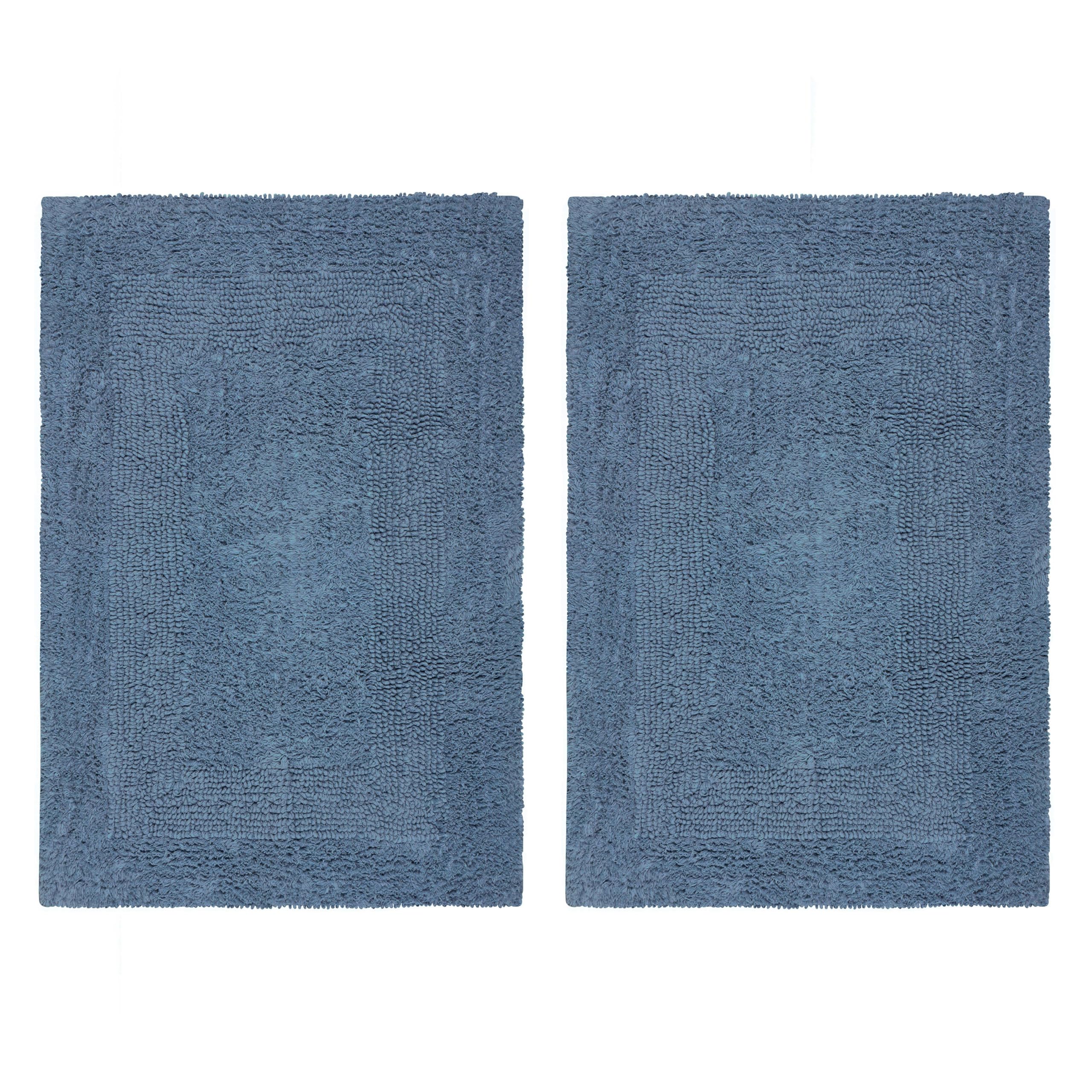 COTTON CRAFT Luxurious Bath Mat Rug - Set of 2 Reversible Heavyweight Step Out Bath Mats for Bathroom Floor, Tub and Shower - Pure Cotton Soft Plush Absorbent Tufted Racetrack Mat - 17x24 - Azure Blue
