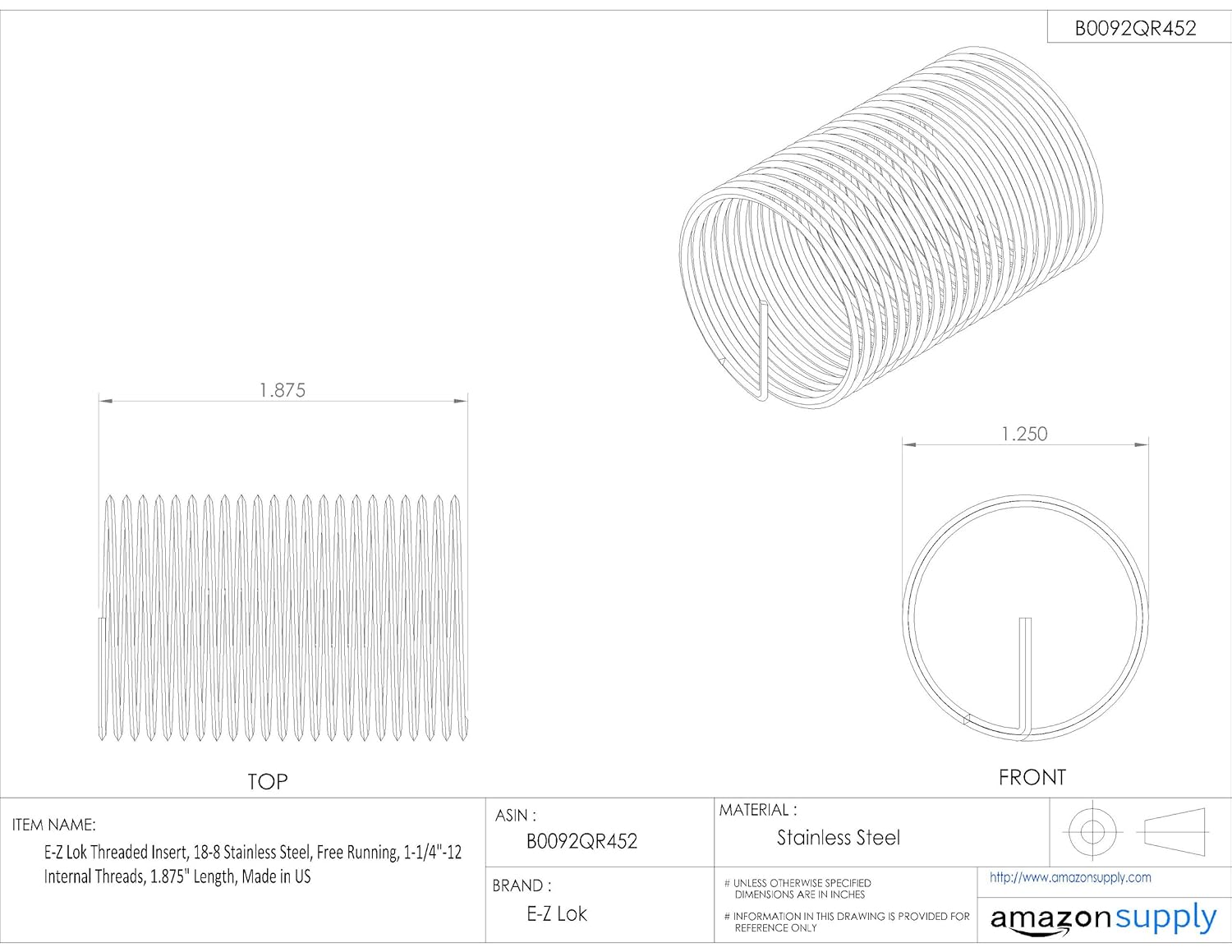 EZ Lok Threaded Insert 11/412 Internal Threads 1.875 Length 188