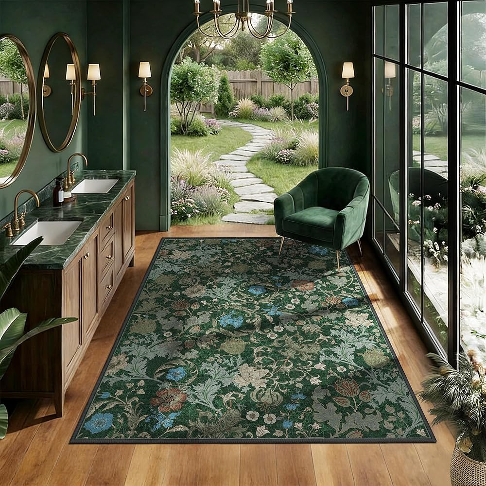 Forest Green Floral Area Rug 3x5 for Entryway, Washable Vintage Farmhouse Botanical Rug, Non Slip Low Pile Thin Floor Decor S