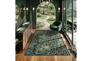 Forest Green Floral Area Rug 3x5 for Entryway, Washable Vintage Farmhouse Botanical Rug, Non Slip Low Pile Thin Floor Decor S