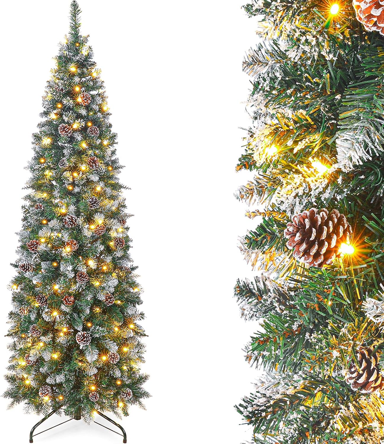 Trees - Homde Pencil Christmas Tree 6 Foot Pre-Lit Artificial Christmas Tree with Flocked Snow Pine Cone 170 Warm White Lights Holiday Decor