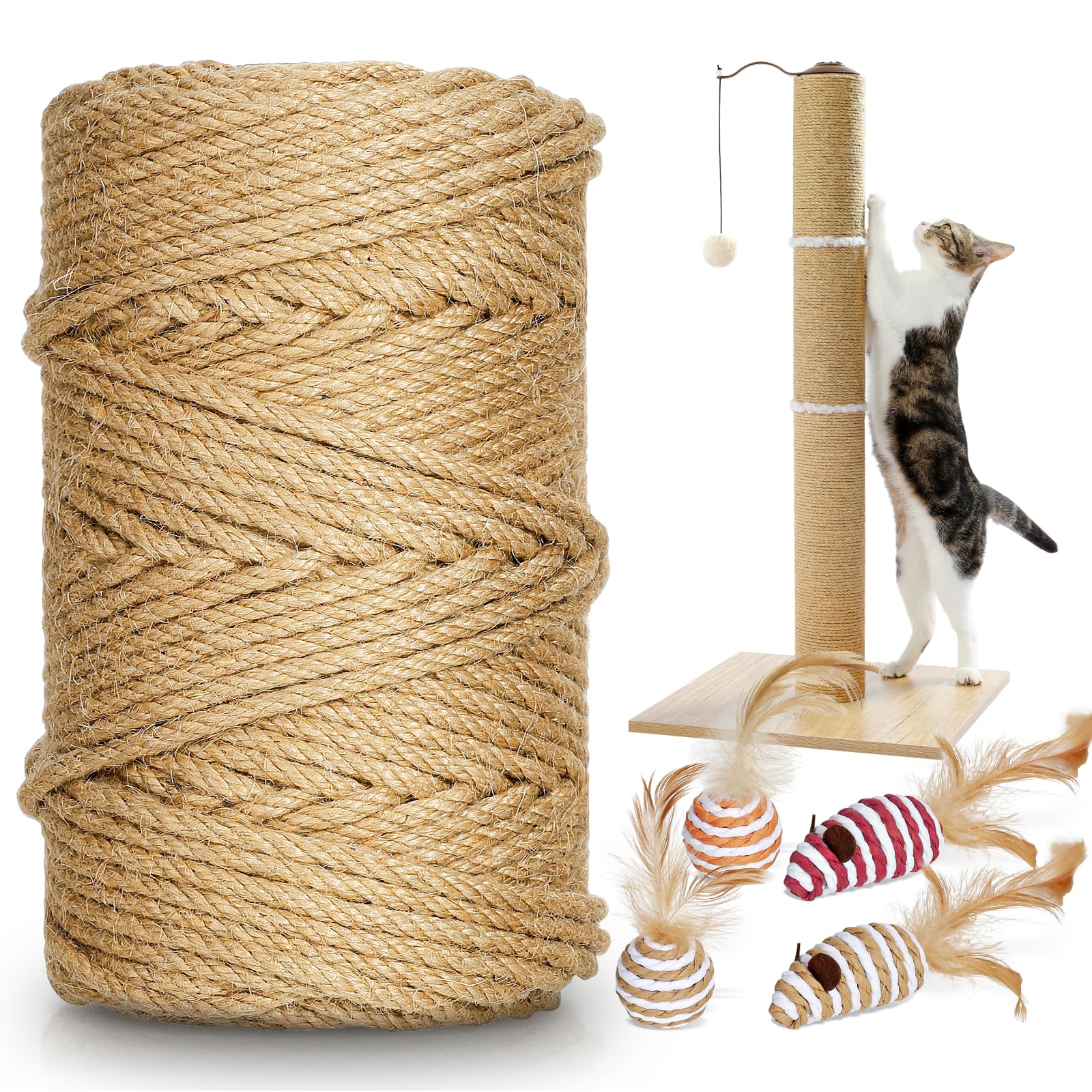 Photo 1 of 262 ft/80 m Sisal Rope for Cat Scratcher, 1/4 inch/ 6 mm Thick Twine for Cat Scratching Post Cat Tree Replacements DIY Craft Projects, Jute Hemp Rope with 4 Random Colors Cat Toys