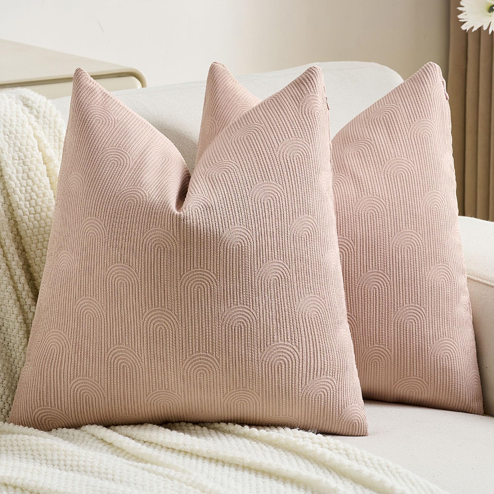 Photo 1 of FUTEI Pink Chenille Decorative Throw Pillow Covers 26x26 Inch Set of 2,Soft Cozy Striped Geometric Patterns Euro Pillow Sham,Modern Home Decor for Couch Bed Living Room