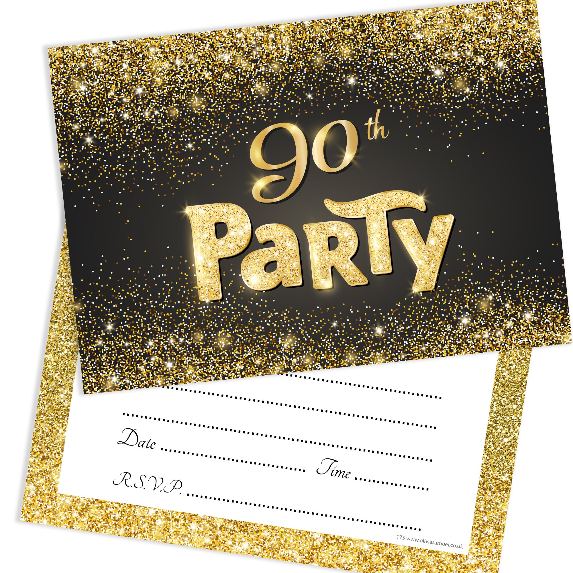 Olivia Samuel 20 x Black and Gold Effect 90th Birthday Party Invitations from Ready to Write with Envelopes
